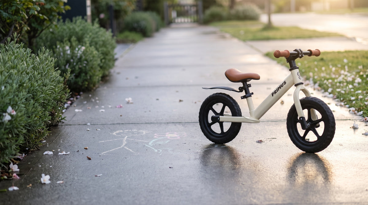 Primus loopfiets op een tuinpad in de vroege ochtend